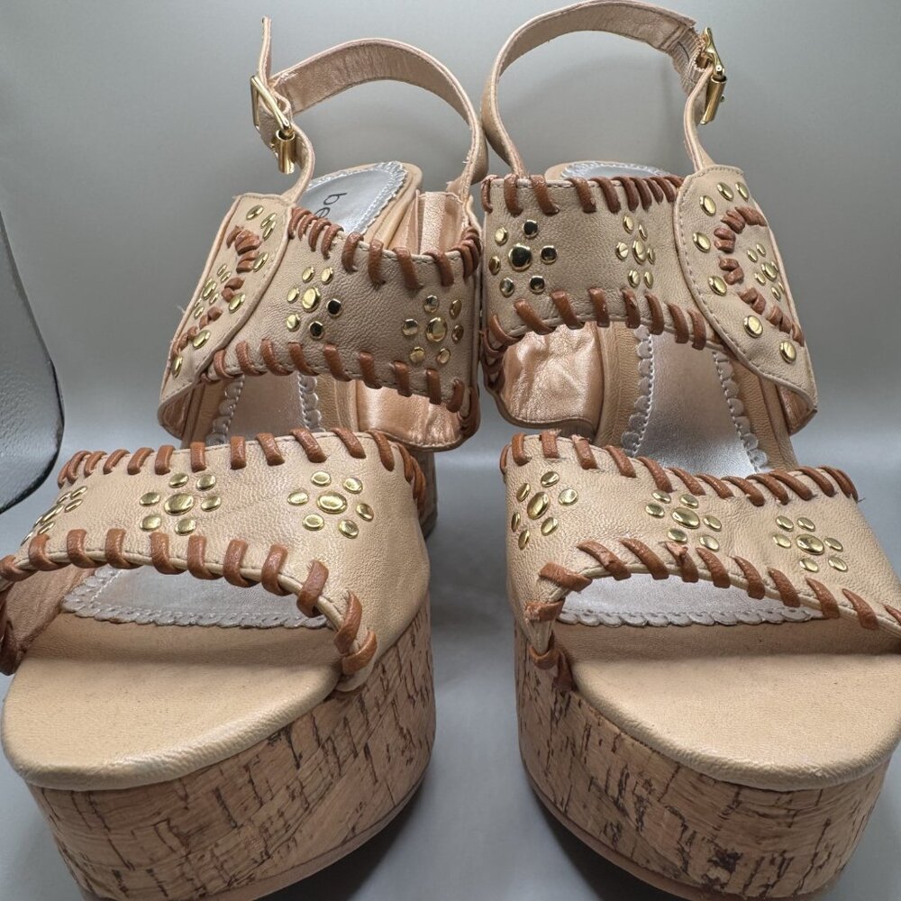 BEBE Women's 'Carmen' Beige Tan Brown Gold Studded Leather Wedge Sandal Sz 8 NEW